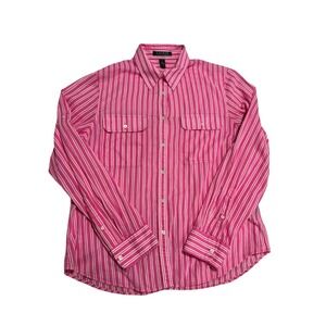 Lauren Ralph Lauren Pink White Striped 100% Cotton Button-Up Shirt Sz L
